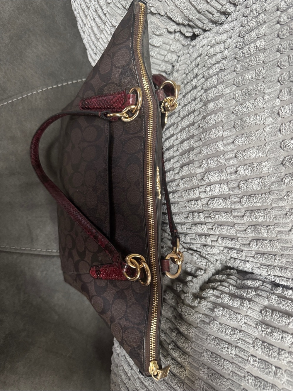 Coach Brown Signature Tote with Burgundy Strap and Gold Hardware - Picture 3 of 5